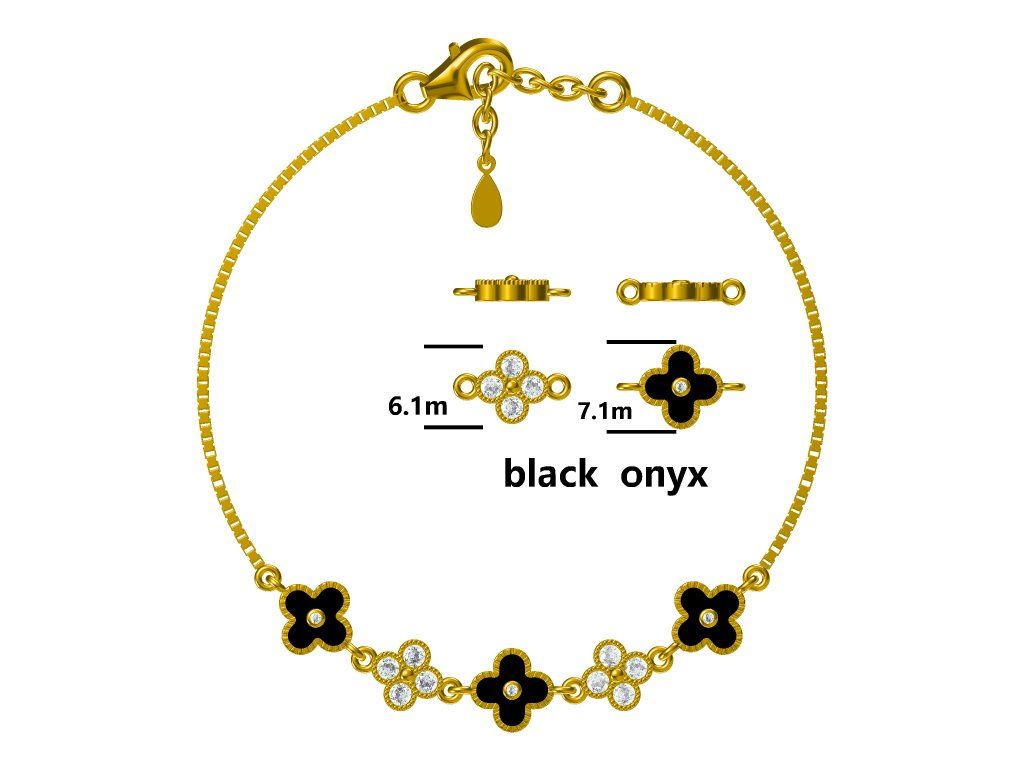 Silver Bracelet Onyx Flower Gold Plated