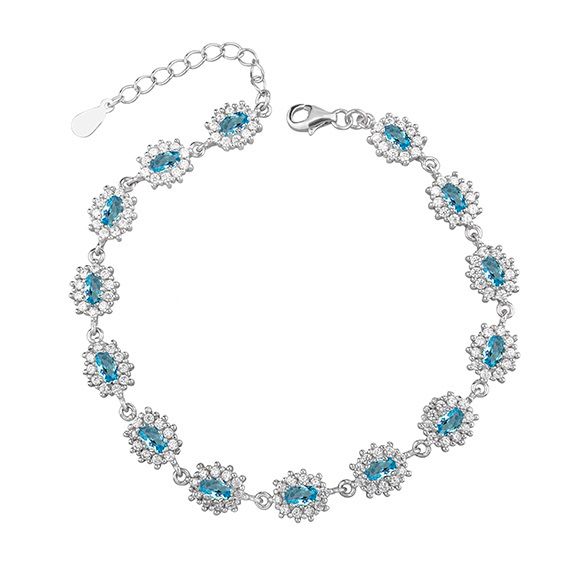 Silver Bracelet Aquamarine 13 pcs Oval Cut Gemstones